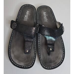 Alegria Carina Black Leather Adustable Medallion Slip-on Thong Sandals Size 9